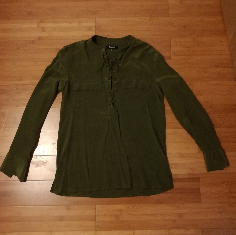 Madewell Olive 100% Silk Blouse XXS Lace up